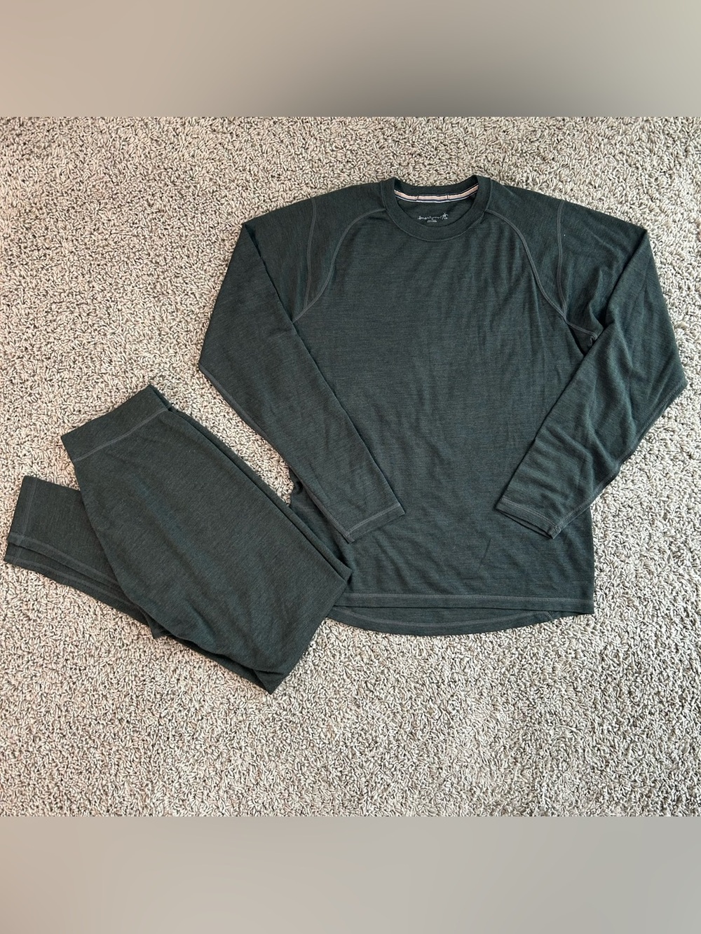 2Pcs Smartwool Mens Medium Green Thermal 100%Merino Wool Base Layer Shirt&Bottom